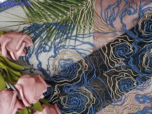 Stof van het polyester de Blauwe Bloemen Geborduurde Kant voor Kledingstukmerken