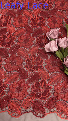 Leafy Red Color Embroidered Sequin Mesh Fabric Featherlight Luxury Fabric For Ethereal Carpet Dresses