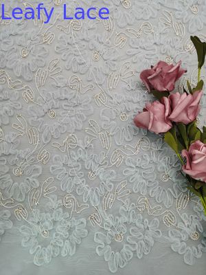 Blue Crochet Lace Fabric Metallic Cording Tulle Embroidery Women Dress Fabric