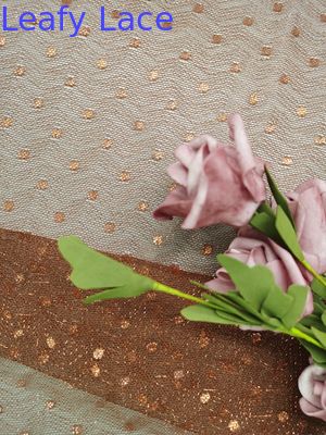 Brown Color Embroidered Lace Fabric Metallic Tulle Lace Light Weight Dot Lace