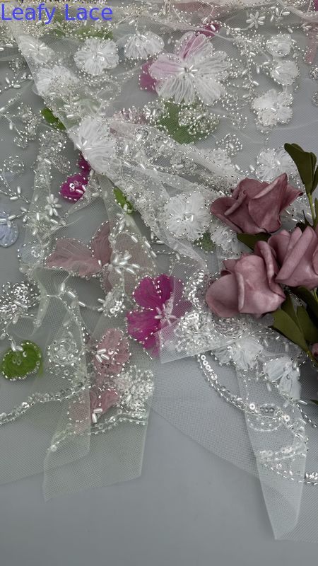 Leafy Beaded Embroidery Fabric Mesh Floral for Evening Party Dresses Design