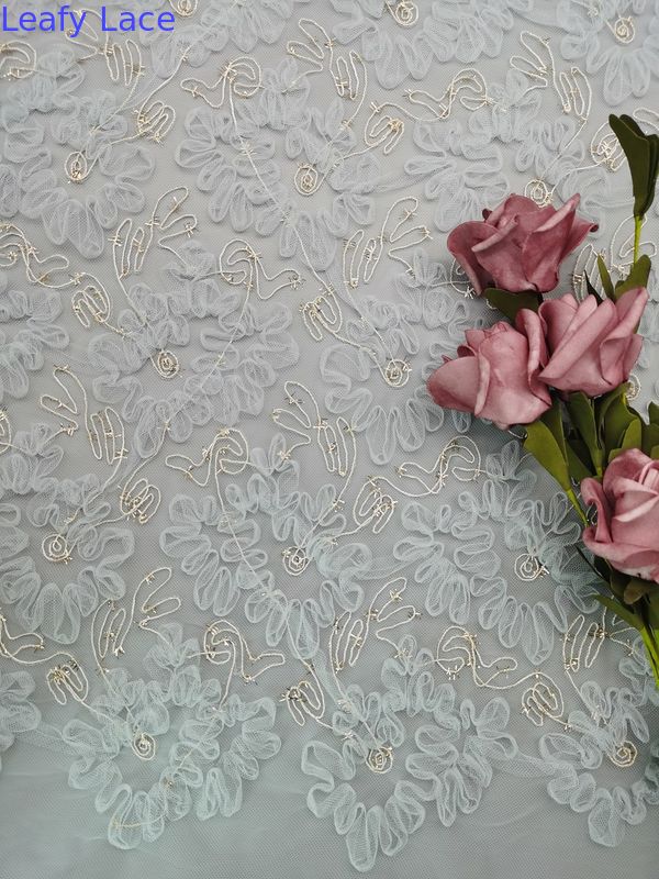 Blue Crochet Lace Fabric Metallic Cording Tulle Embroidery Women Dress Fabric