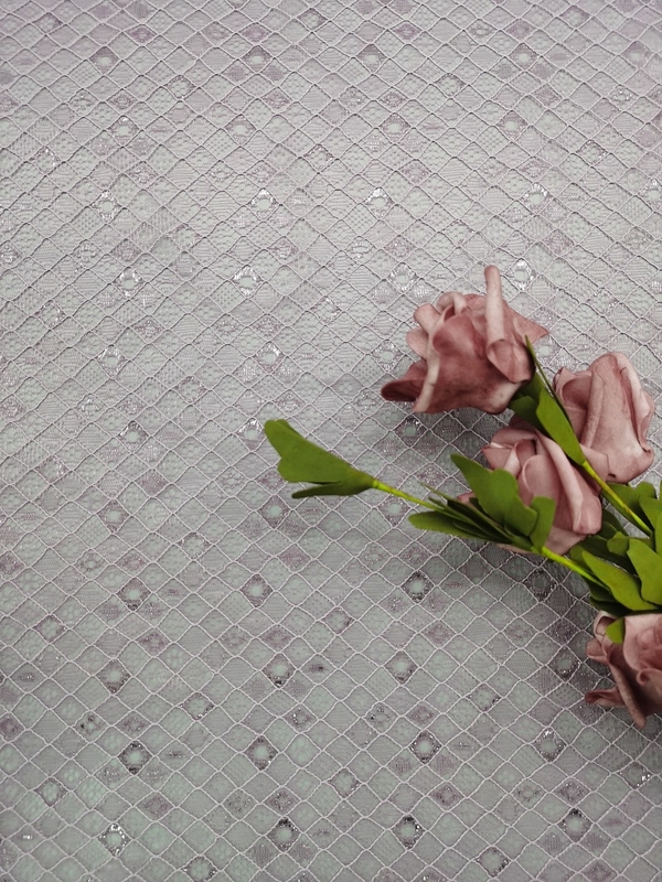 Purple Color Embroidered Lace Fabric Diamond Type Lattice Pattern Mesh