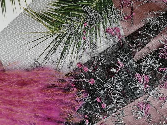 Roze Afrikaans Bloementulle Mesh Colored Embroidery Fabric