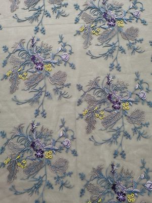 Polyester Purper Tulle Bloemen Geborduurd Mesh Fabric By The Yard
