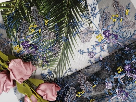 Polyester Purper Tulle Bloemen Geborduurd Mesh Fabric By The Yard