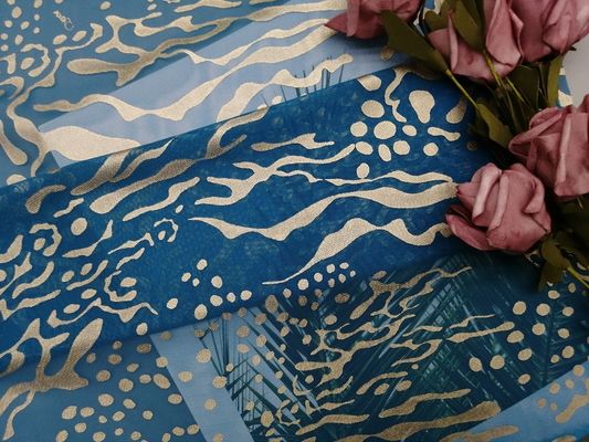 Partij Blauw Metaaltulle Mesh Foil Printed Fabric