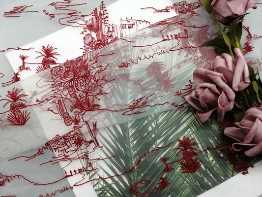 Tulle Mesh Red Embroidered Lace Fabric voor Meisjeskleding