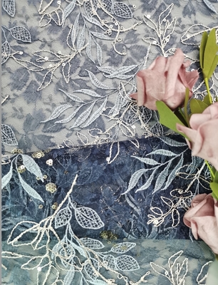 Blauw Tulle Geborduurd de Bloemkant van de Kantstof met Lovertjes