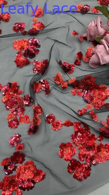 Nieuwe collectie Rood Sequin geborduurde kant stof 3D bloemen Elegante bruiloft borduurwerk stof