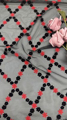 Kleine Bloem Roze & Zwarte Bevlokte Mesh Kant Kwaliteit Aangepast voor Jurk